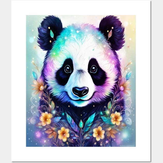 Fantasy, Watercolor, Panda Bear With Flowers and Butterflies Wall Art by BirdsnStuff